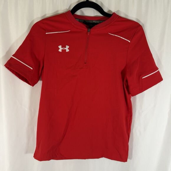 Under Armour Shirt Boys YMD Red Short Sleeve 1/4 Zip Pullover Crew Neck - Picture 1 of 10